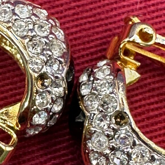 VTG Kenneth Lane Gold-Tone, Black Enamel & Clear Crystal Clip Earrings - Picture 11 of 16